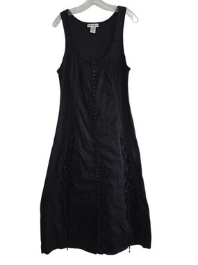 Vintage 90s Contrast Grommet Lace-Up Button Front Midi Dress Large Corset Skirt